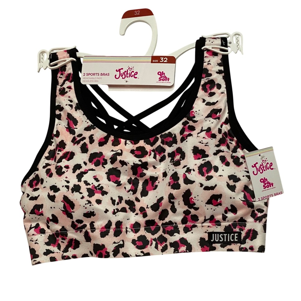 Justice Girls 2 Pack Sports Bras Size 32 Leopard Pink Strappy Back Seamless NWT
